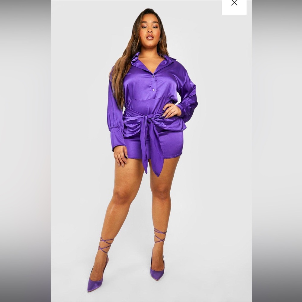 Plus size satin wrap shirt dress.